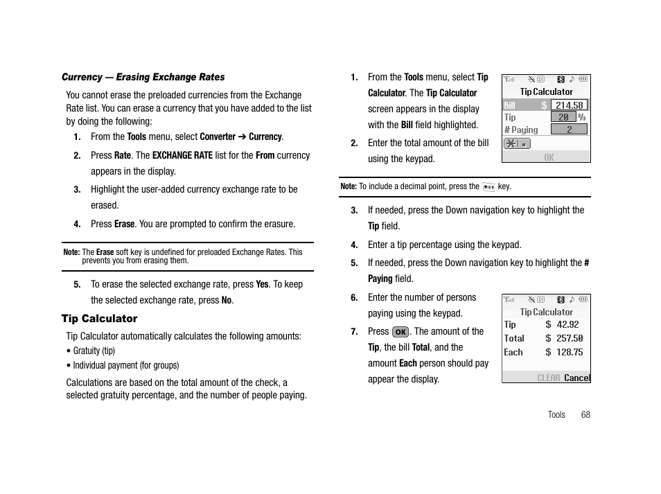 Currency - erasing exchange rates, Tip calculator | Samsung SCH-R210LSAMTR User Manual | Page 71 / 112