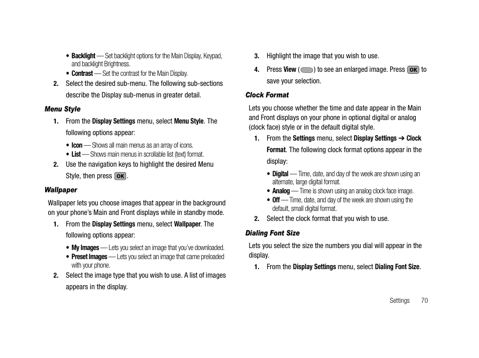 Menu style, Wallpaper, Clock format | Dialing font size | Samsung SCH-R210LSAMTR User Manual | Page 73 / 112