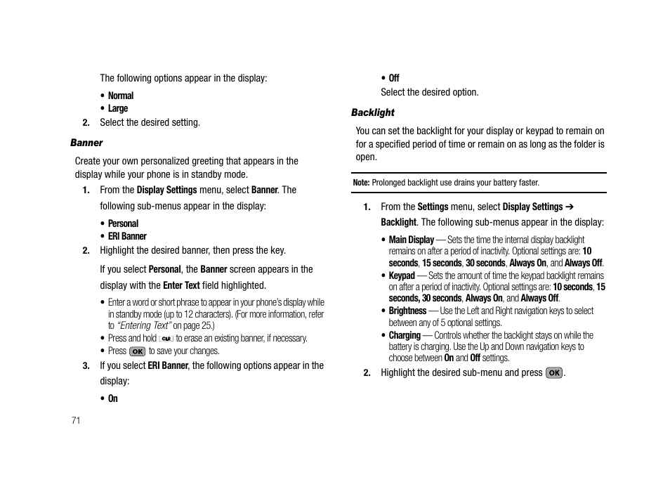 Banner, Backlight | Samsung SCH-R210LSAMTR User Manual | Page 74 / 112