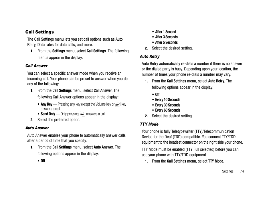Call settings, Call answer, Auto answer | Auto retry, Tty mode, Any key except, For more | Samsung SCH-R210LSAMTR User Manual | Page 77 / 112