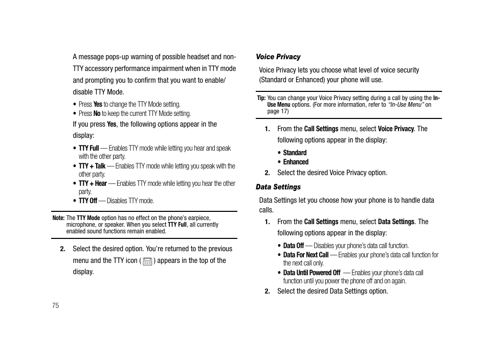 Voice privacy, Data settings | Samsung SCH-R210LSAMTR User Manual | Page 78 / 112