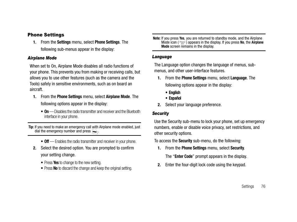 Phone settings, Airplane mode, Language | Security | Samsung SCH-R210LSAMTR User Manual | Page 79 / 112