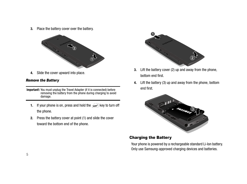 Remove the battery, Charging the battery | Samsung SCH-R210LSAMTR User Manual | Page 8 / 112