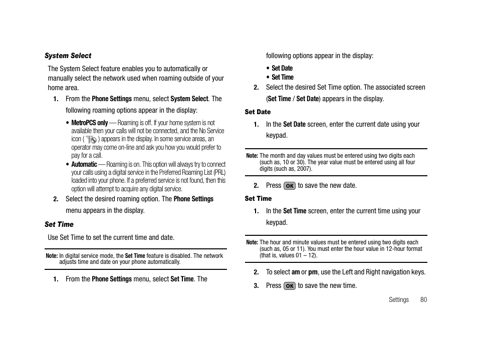System select, Set time, Set date | Samsung SCH-R210LSAMTR User Manual | Page 83 / 112