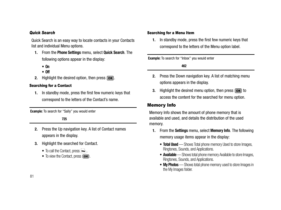Quick search, Searching for a contact, Searching for a menu item | Memory info | Samsung SCH-R210LSAMTR User Manual | Page 84 / 112