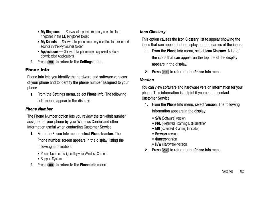 Phone info, Phone number, Icon glossary | Version | Samsung SCH-R210LSAMTR User Manual | Page 85 / 112