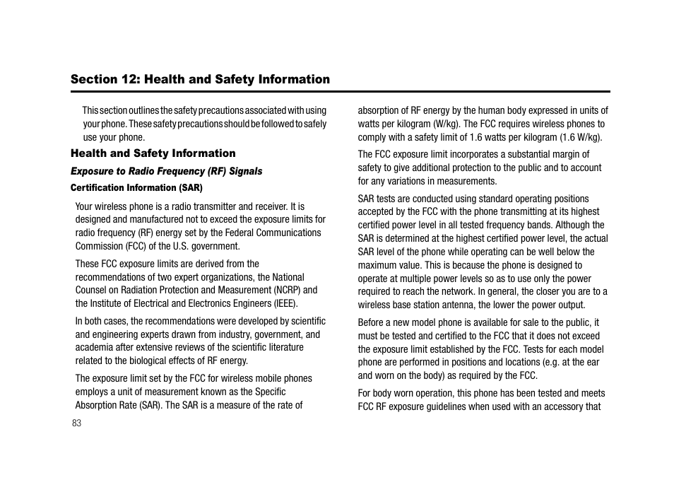 Section 12: health and safety information, Health and safety information, Exposure to radio frequency (rf) signals | Certification information (sar) | Samsung SCH-R210LSAMTR User Manual | Page 86 / 112
