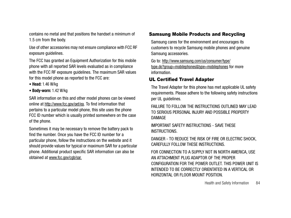 Samsung mobile products and recycling, Ul certified travel adapter | Samsung SCH-R210LSAMTR User Manual | Page 87 / 112