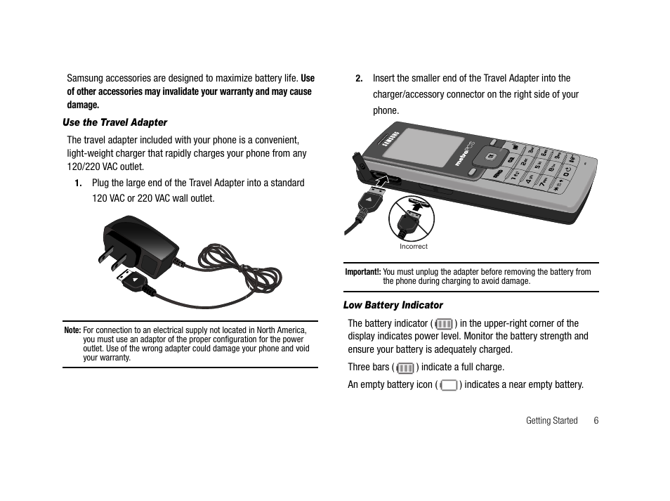 Use the travel adapter, Low battery indicator | Samsung SCH-R210LSAMTR User Manual | Page 9 / 112