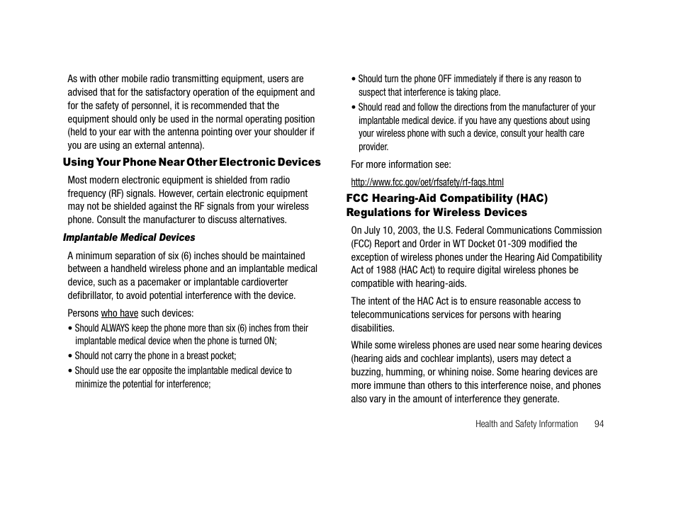 Using your phone near other electronic devices, Implantable medical devices, Wireless devices | Samsung SCH-R210LSAMTR User Manual | Page 97 / 112