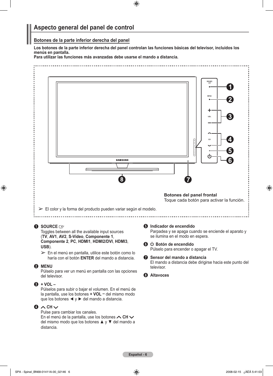 Aspecto general del panel de control | Samsung PN50A550S1FXZA User Manual | Page 112 / 205