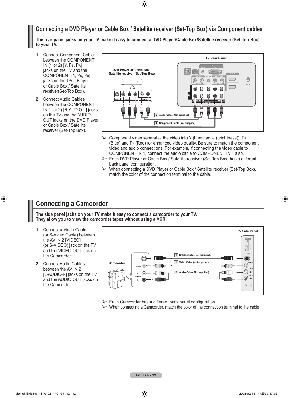 Connecting a camcorder | Samsung PN50A550S1FXZA User Manual | Page 12 / 205