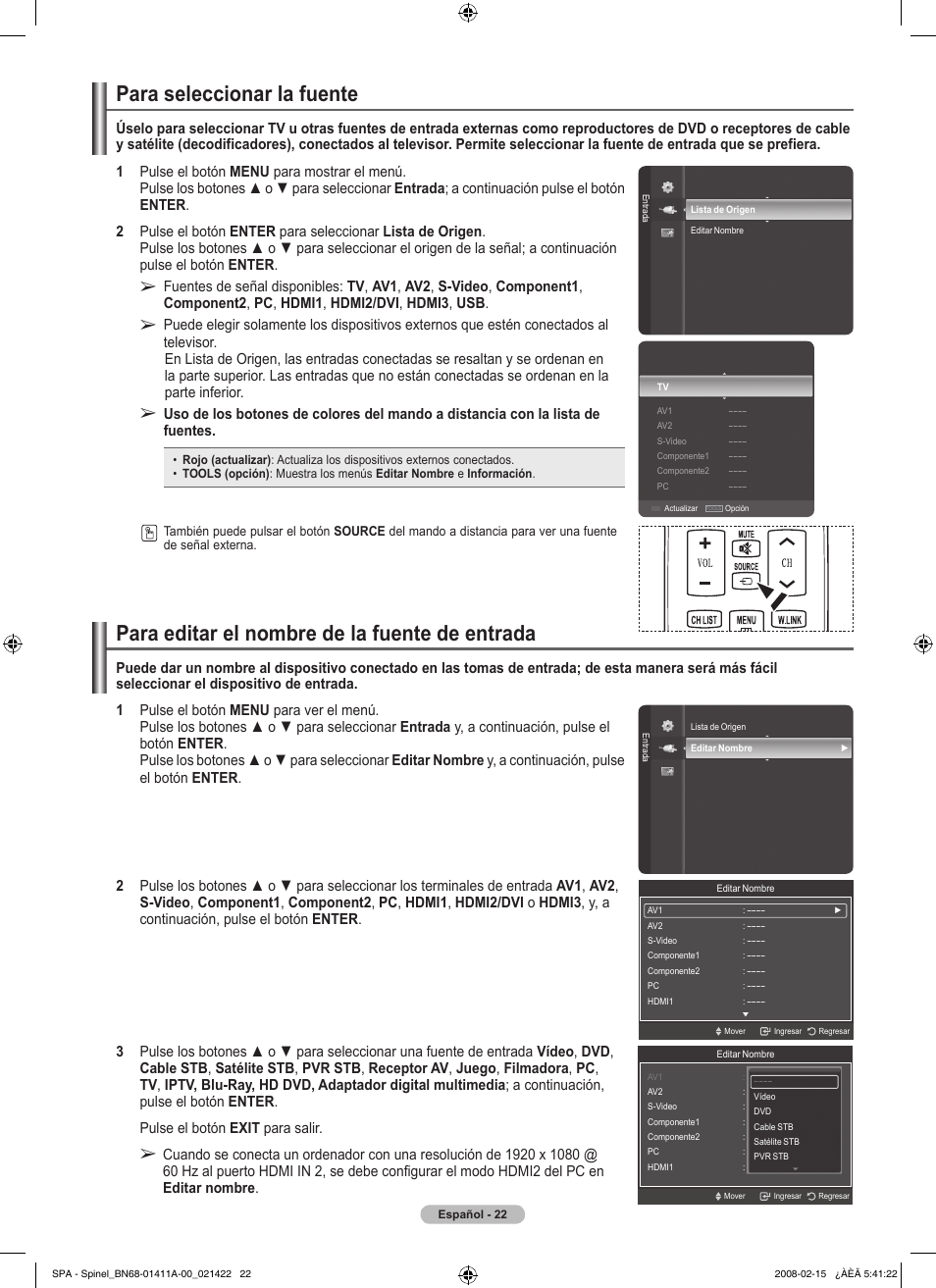 Para seleccionar la fuente, Para editar el nombre de la fuente de entrada | Samsung PN50A550S1FXZA User Manual | Page 128 / 205