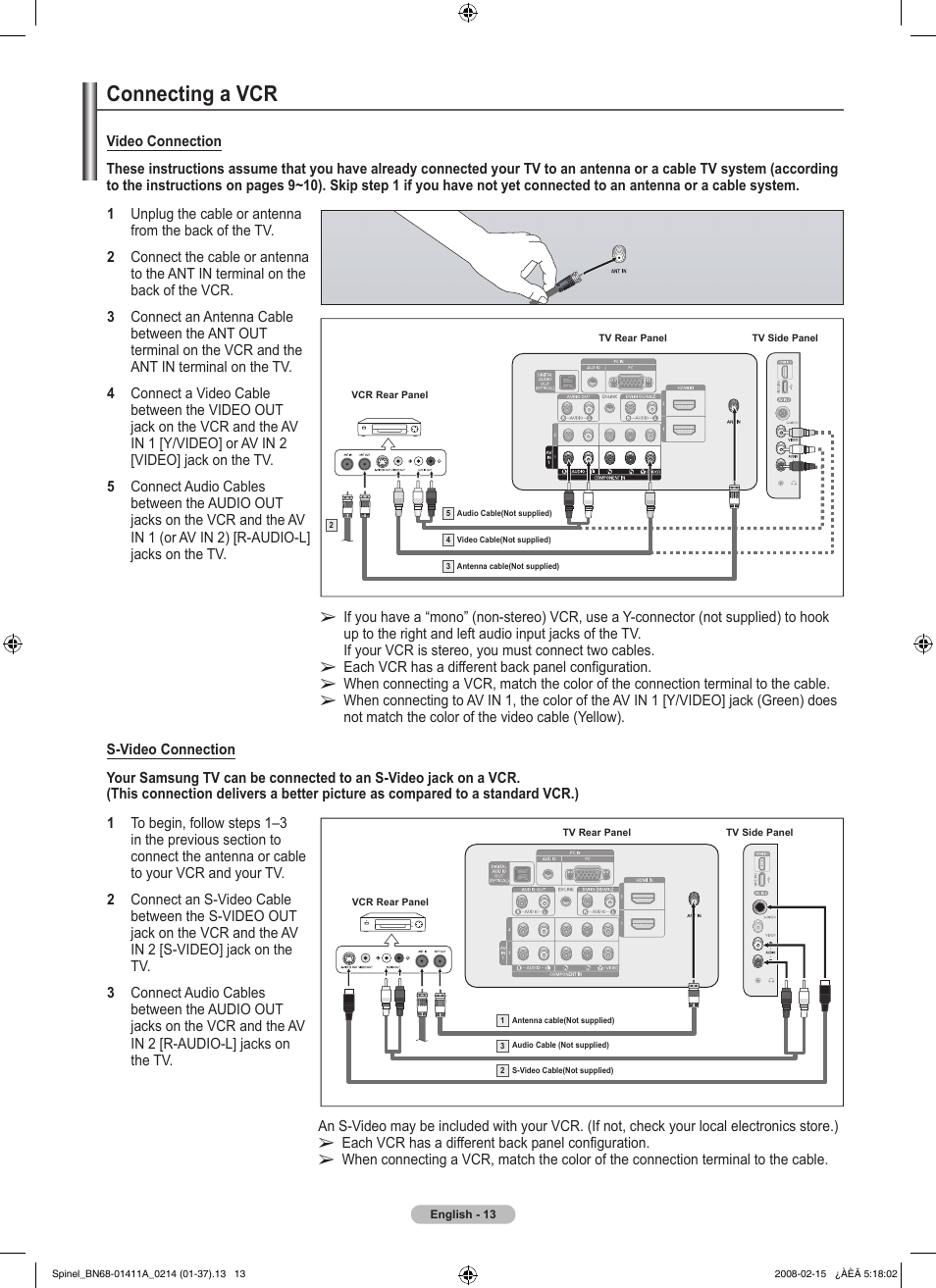 Connecting a vcr | Samsung PN50A550S1FXZA User Manual | Page 13 / 205