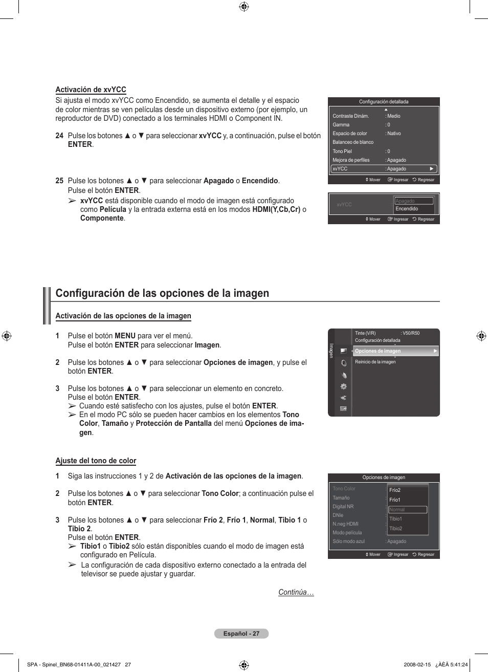 Configuración de las opciones de la imagen | Samsung PN50A550S1FXZA User Manual | Page 133 / 205