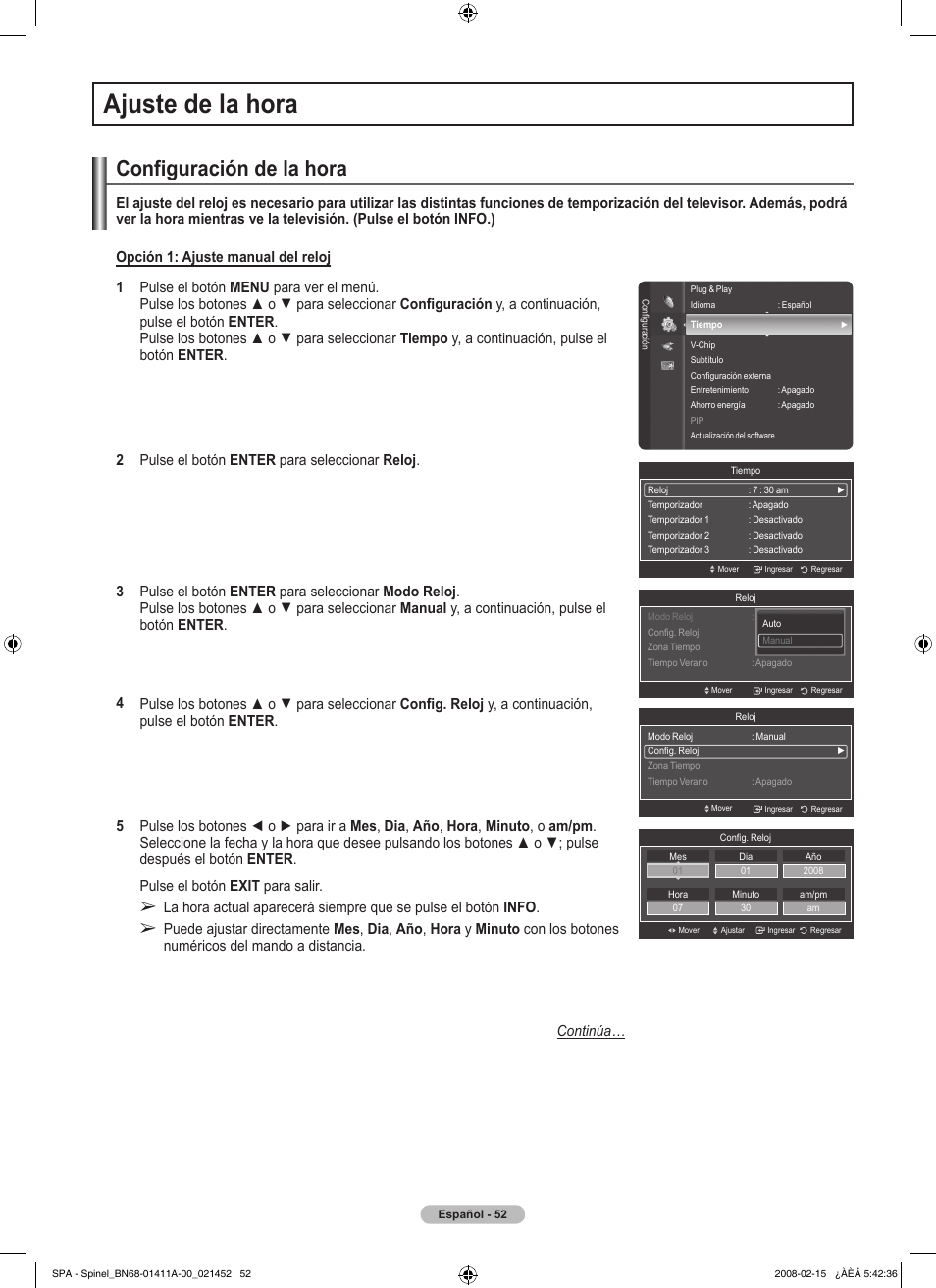 Ajuste de la hora, Configuración de la hora | Samsung PN50A550S1FXZA User Manual | Page 158 / 205