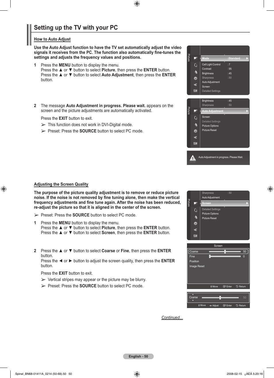 Setting up the tv with your pc | Samsung PN50A550S1FXZA User Manual | Page 50 / 205