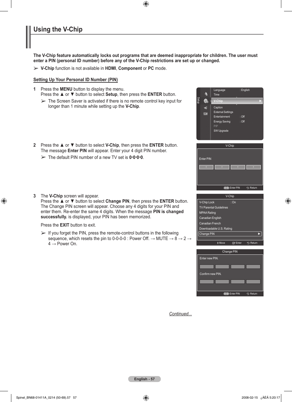 Using the v-chip | Samsung PN50A550S1FXZA User Manual | Page 57 / 205