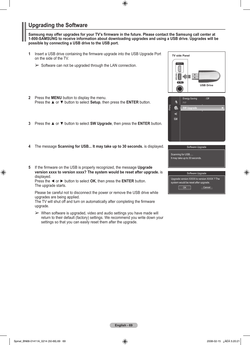 Upgrading the software | Samsung PN50A550S1FXZA User Manual | Page 69 / 205