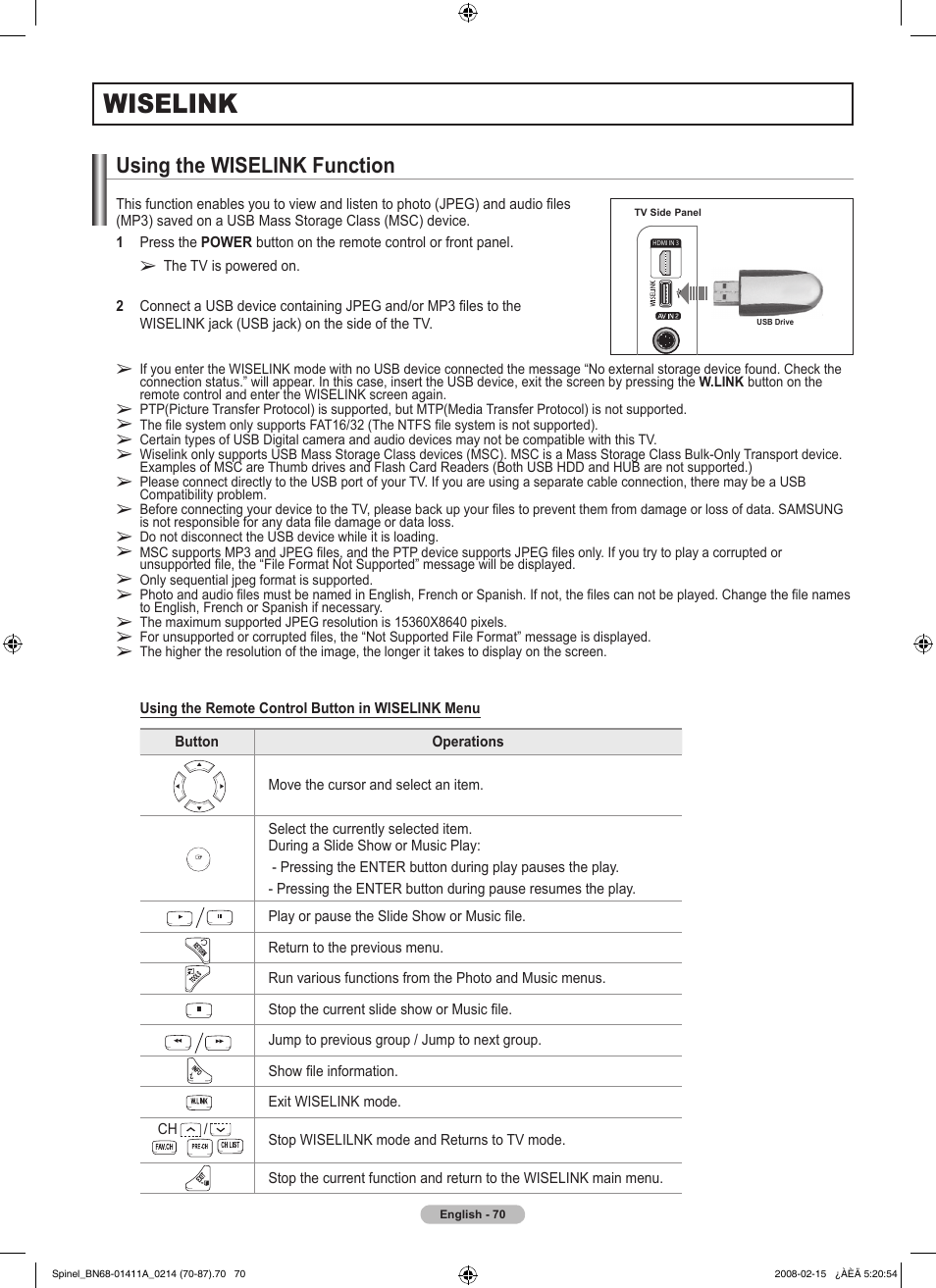 Wiselink, Using the wiselink function | Samsung PN50A550S1FXZA User Manual | Page 70 / 205