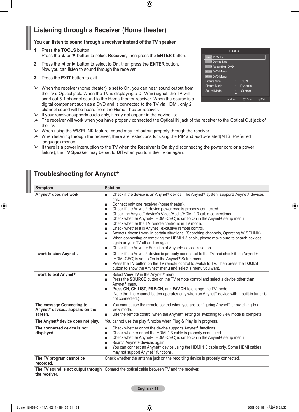 Listening through a receiver (home theater), Troubleshooting for anynet | Samsung PN50A550S1FXZA User Manual | Page 91 / 205