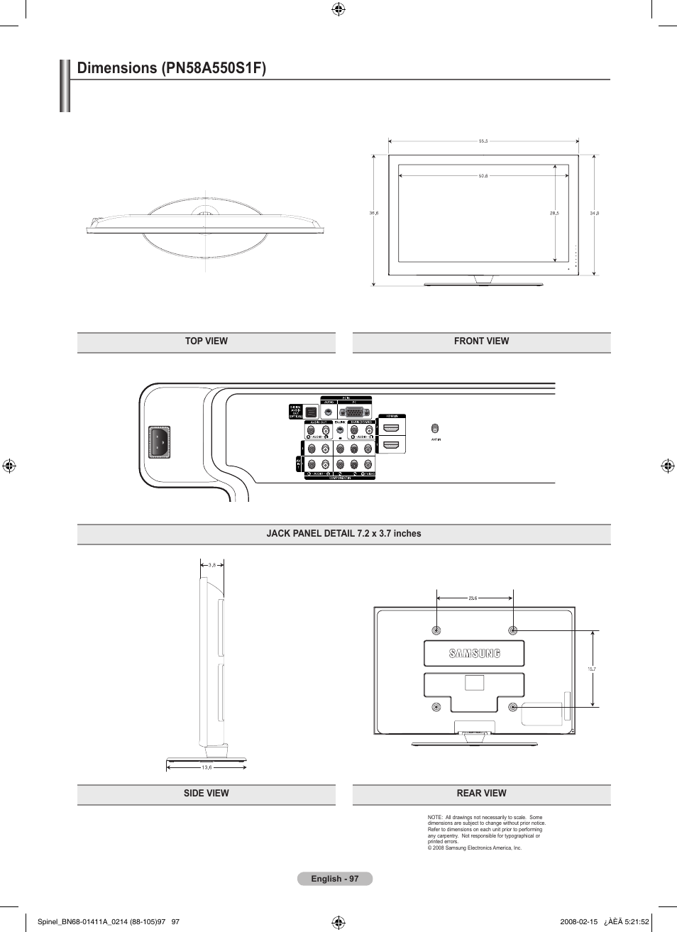 Dimensions (pn58a550s1f) | Samsung PN50A550S1FXZA User Manual | Page 97 / 205