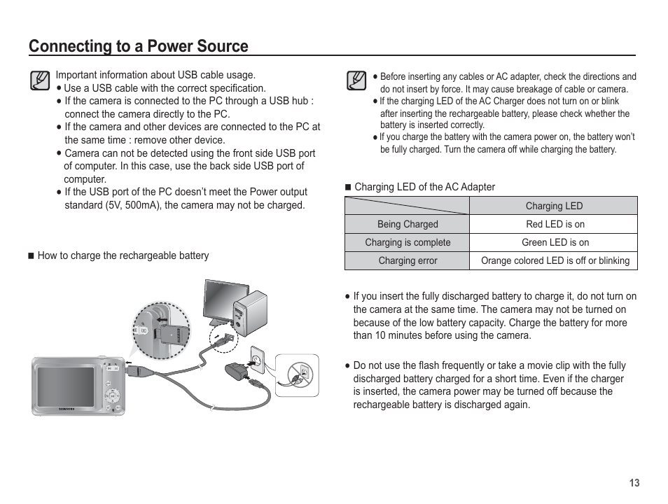 Connecting to a power source | Samsung EC-SL105ZBDBUS User Manual | Page 14 / 98