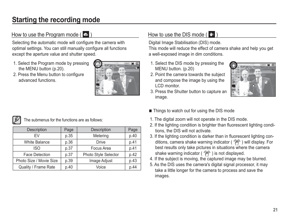 Starting the recording mode | Samsung EC-SL105ZBDBUS User Manual | Page 22 / 98