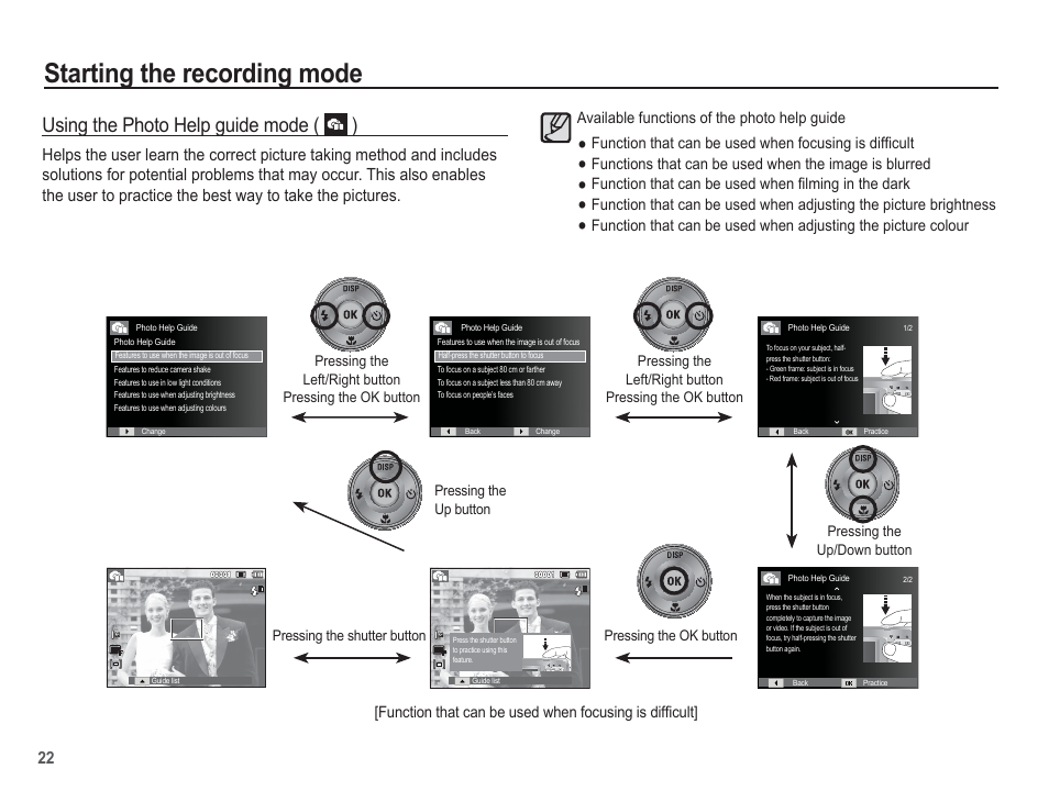 Starting the recording mode, Using the photo help guide mode ( ) | Samsung EC-SL105ZBDBUS User Manual | Page 23 / 98