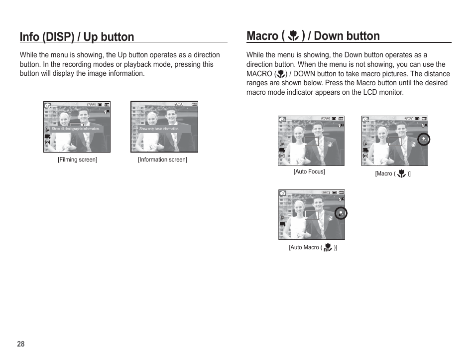 Macro ( ) / down button, Info (disp) / up button | Samsung EC-SL105ZBDBUS User Manual | Page 29 / 98