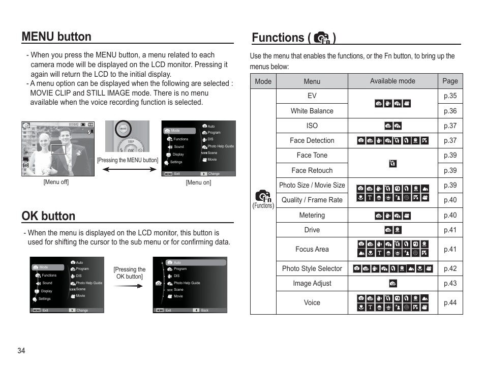 Menu button, Functions ( ) ok button | Samsung EC-SL105ZBDBUS User Manual | Page 35 / 98