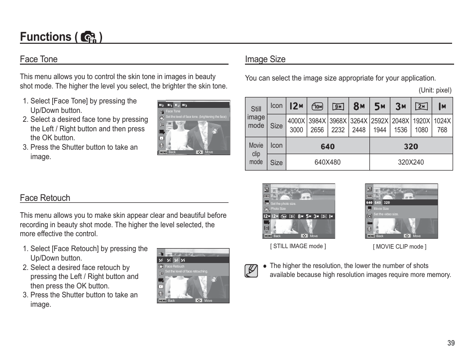 Functions ( ), Face tone, Face retouch | Image size | Samsung EC-SL105ZBDBUS User Manual | Page 40 / 98