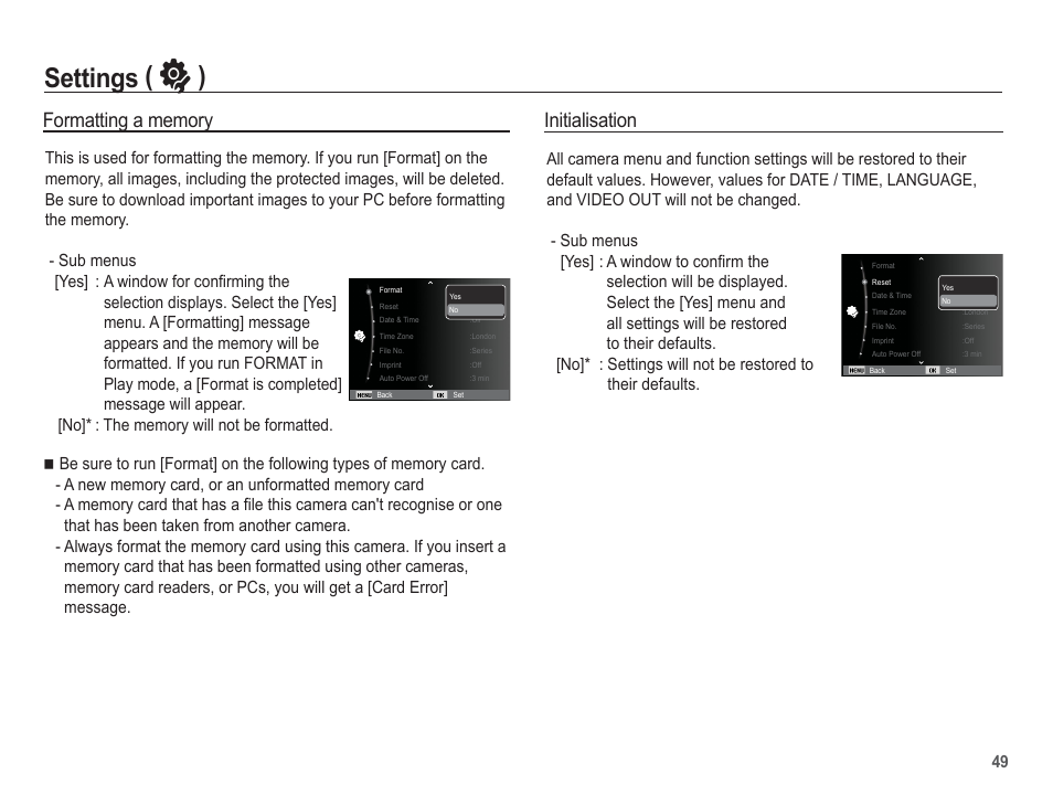 Settings ( ” ), Initialisation | Samsung EC-SL105ZBDBUS User Manual | Page 50 / 98