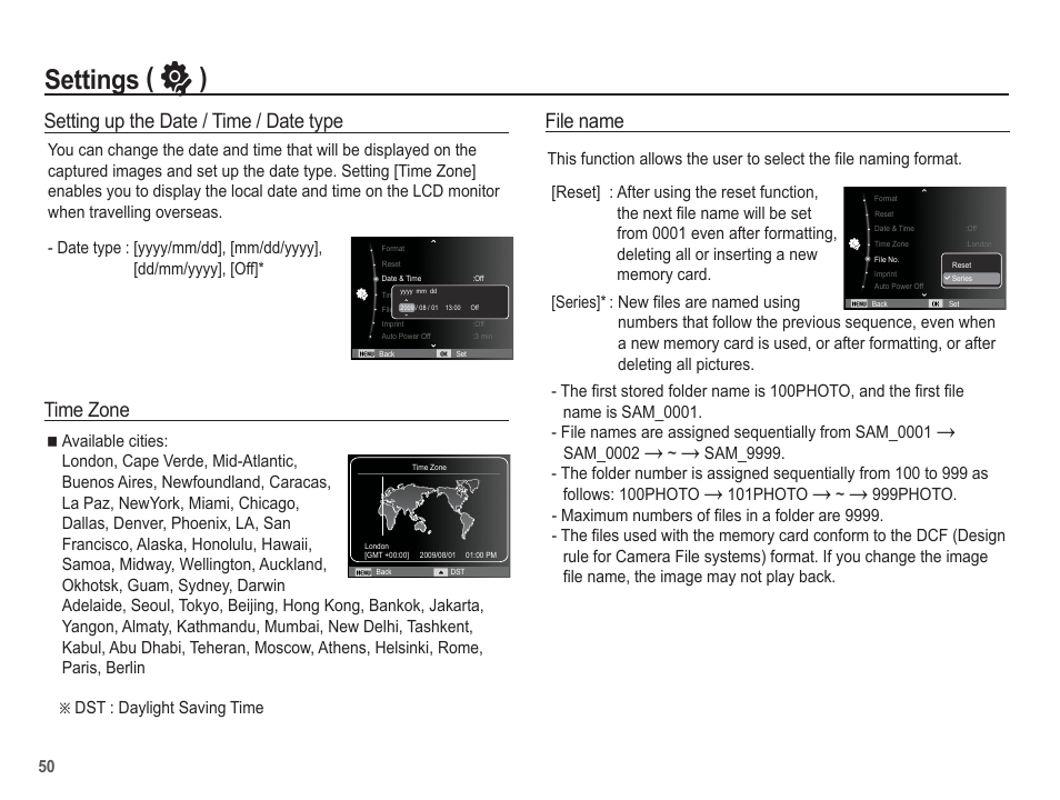 Settings ( ” ), File name, Setting up the date / time / date type | Time zone | Samsung EC-SL105ZBDBUS User Manual | Page 51 / 98
