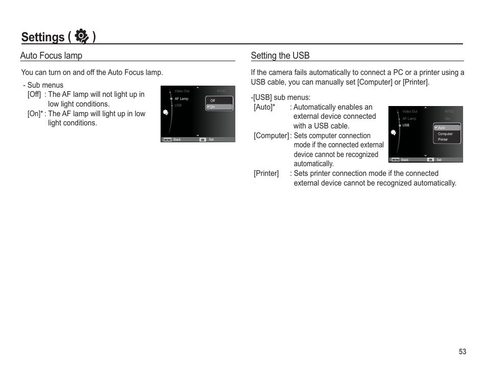 Settings ( ” ), Auto focus lamp, Setting the usb | Samsung EC-SL105ZBDBUS User Manual | Page 54 / 98