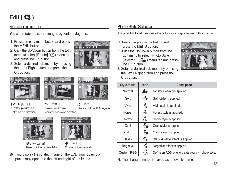 Edit ( ), Rotating an image photo style selector | Samsung EC-SL105ZBDBUS User Manual | Page 64 / 98