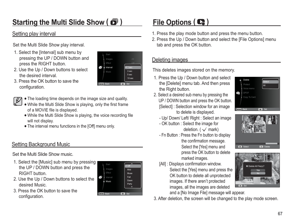 Starting the multi slide show (  ), File options ( ), Setting background music | Deleting images, Setting play interval | Samsung EC-SL105ZBDBUS User Manual | Page 68 / 98