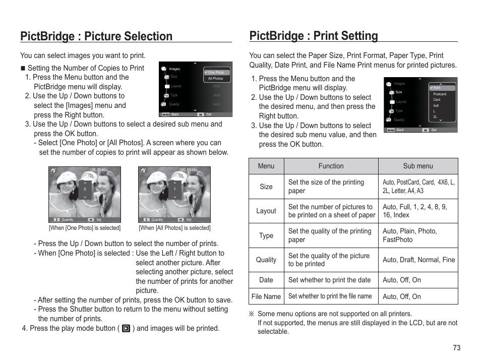 Pictbridge : picture selection, Pictbridge : print setting | Samsung EC-SL105ZBDBUS User Manual | Page 74 / 98