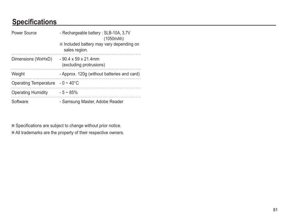 Specifications | Samsung EC-SL105ZBDBUS User Manual | Page 82 / 98