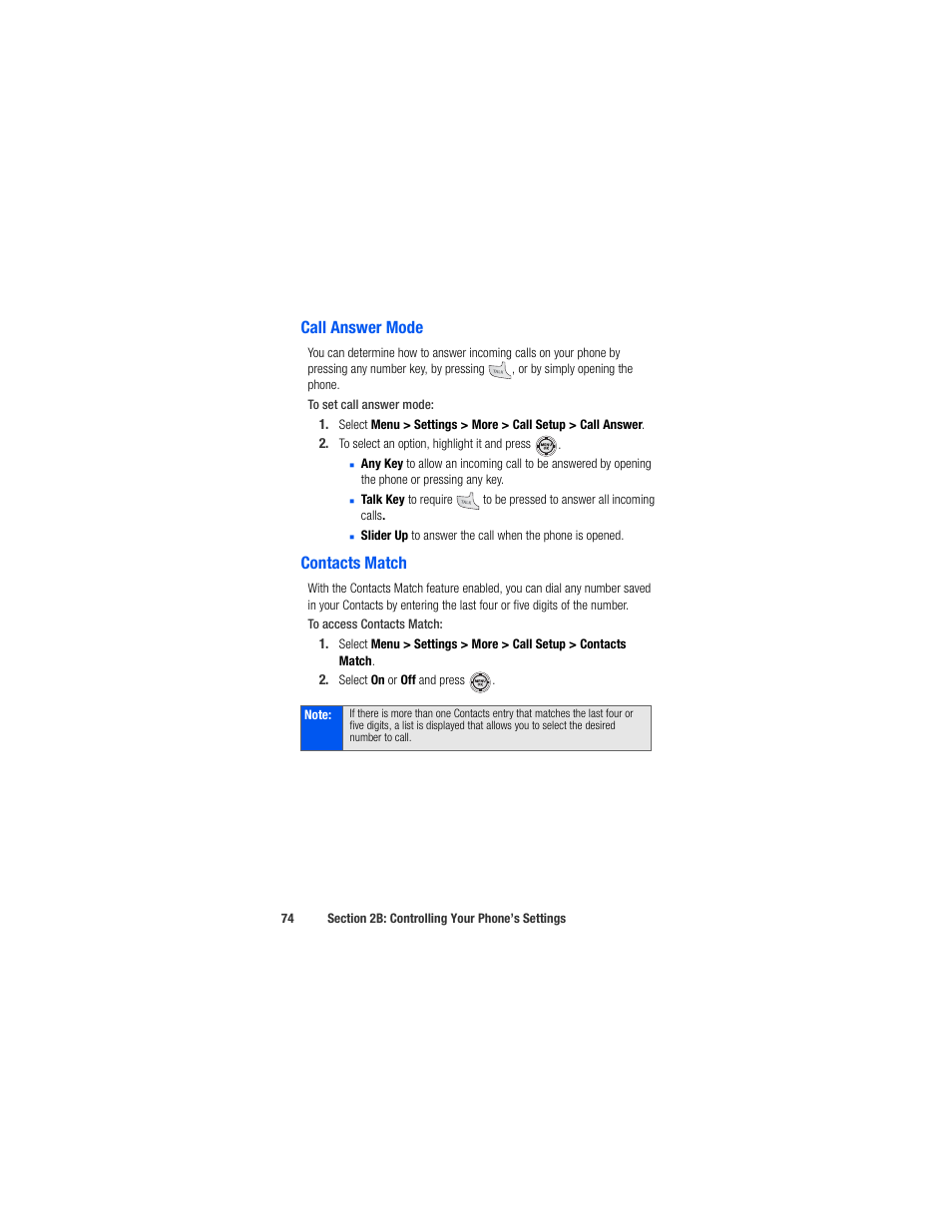 Call answer mode, Contacts match | Samsung SPH-M520ZSAQST User Manual | Page 100 / 287