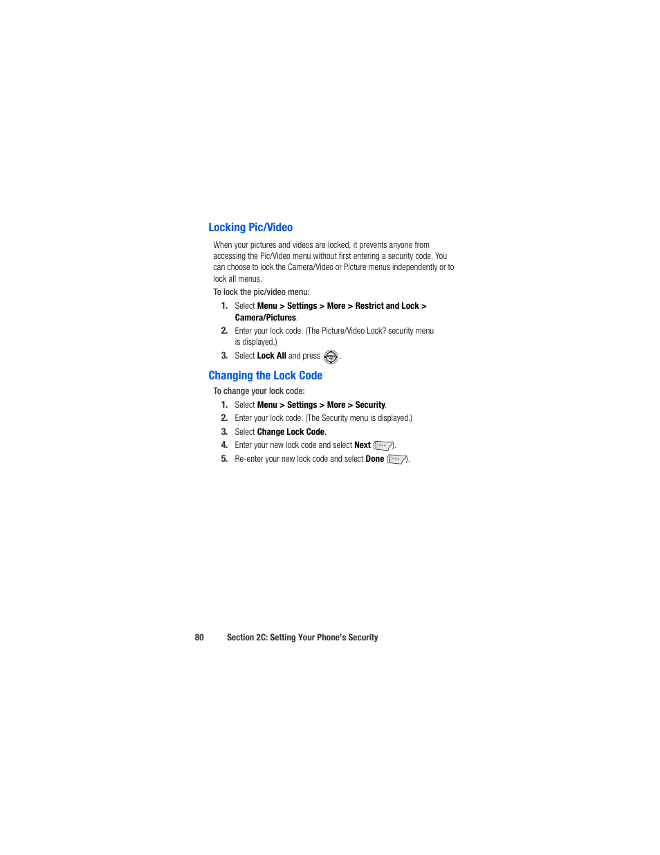 Locking pic/video, Changing the lock code | Samsung SPH-M520ZSAQST User Manual | Page 106 / 287