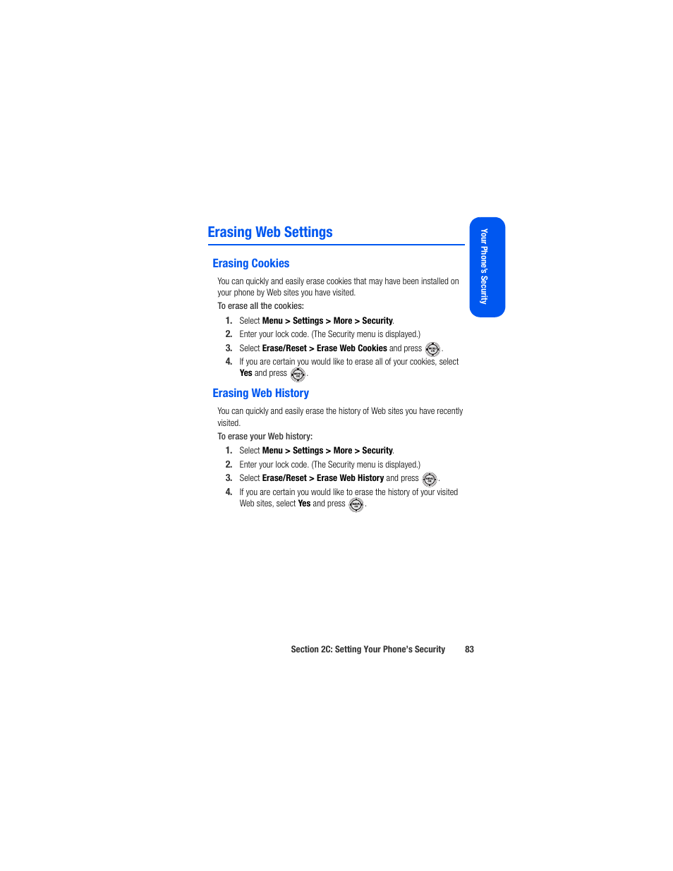 Erasing web settings, Erasing cookies, Erasing web history | Samsung SPH-M520ZSAQST User Manual | Page 109 / 287