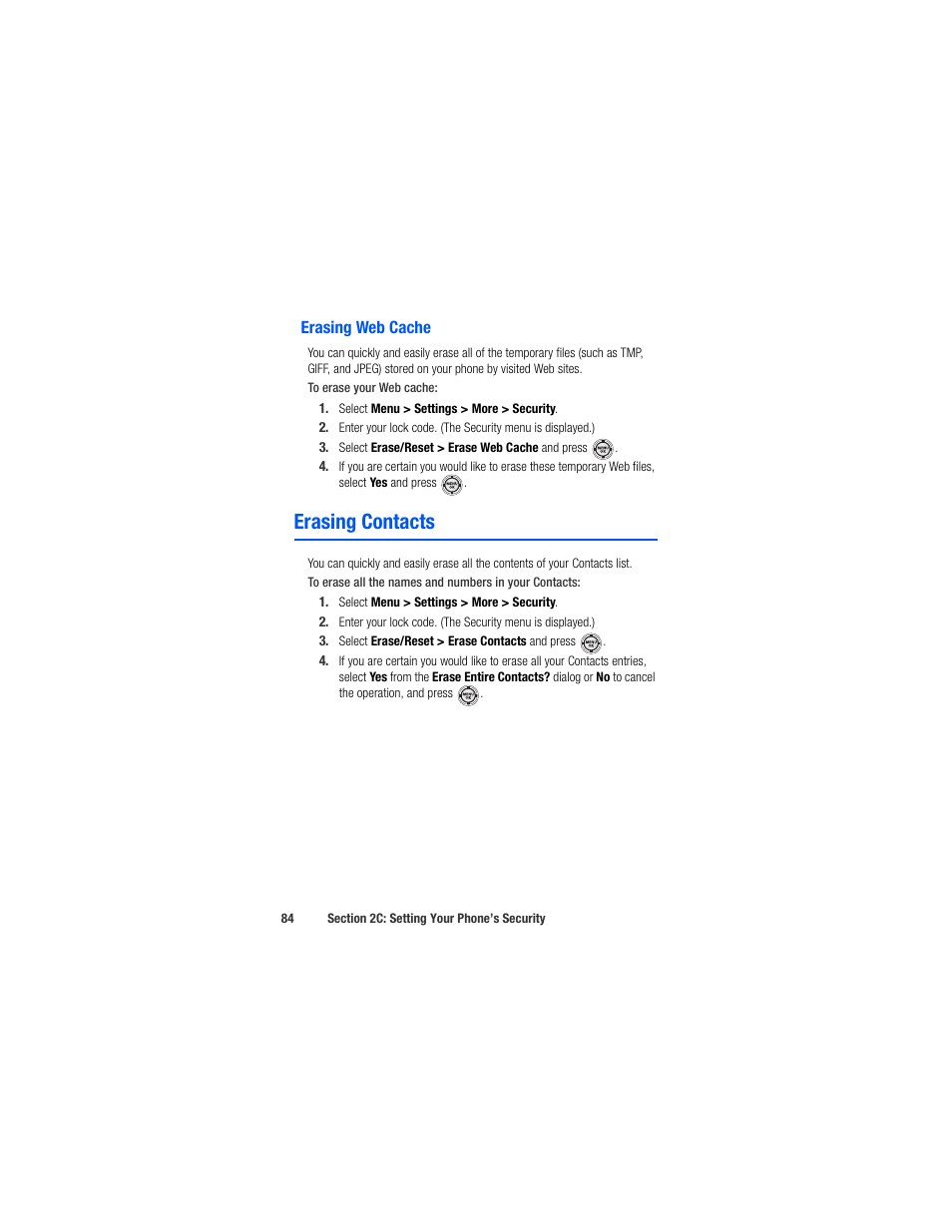 Erasing web cache, Erasing contacts | Samsung SPH-M520ZSAQST User Manual | Page 110 / 287