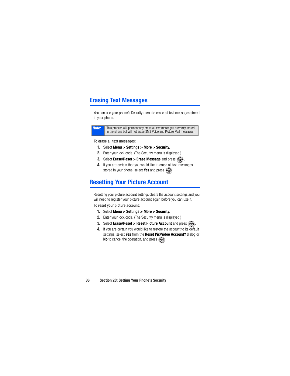 Erasing text messages, Resetting your picture account | Samsung SPH-M520ZSAQST User Manual | Page 112 / 287