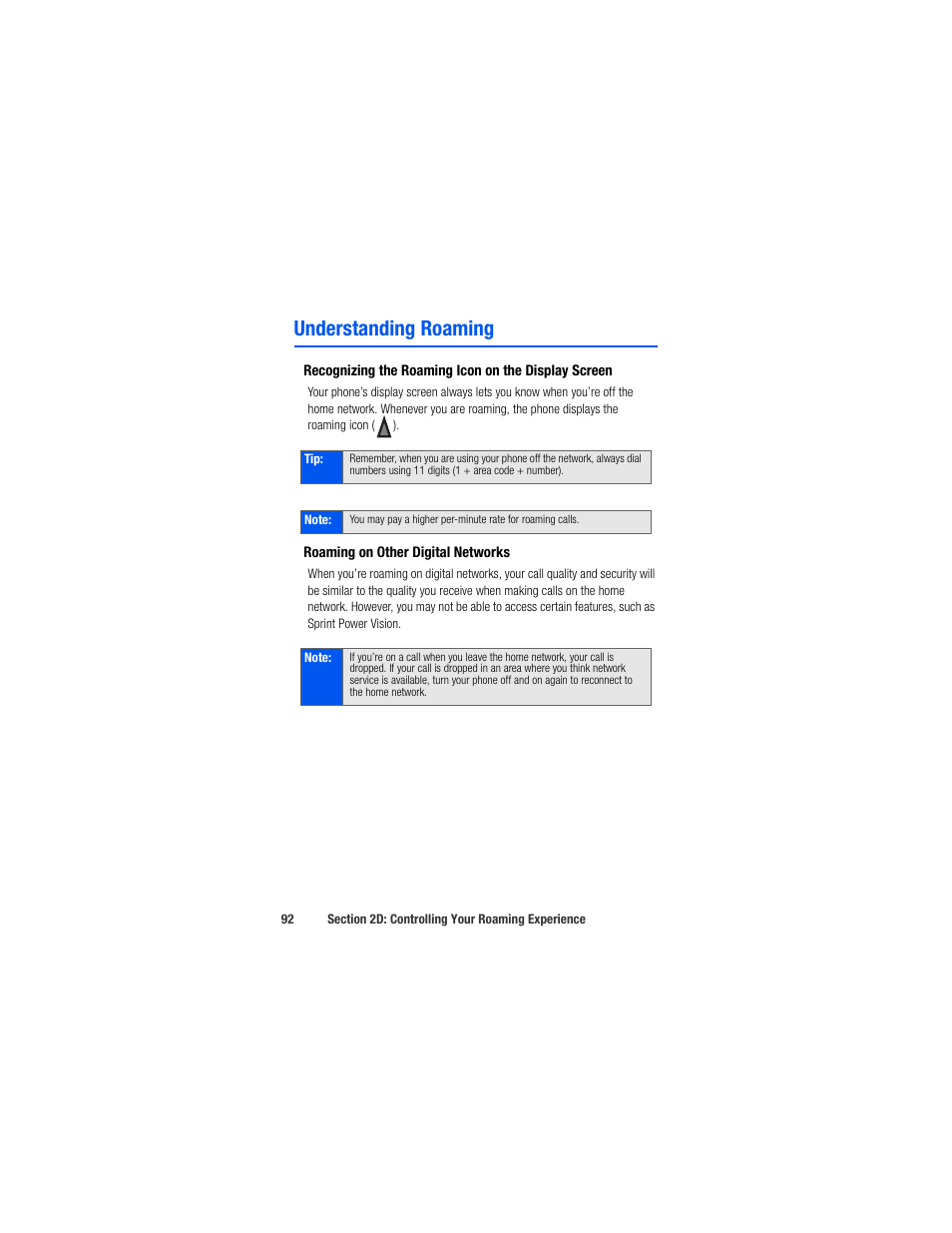 Understanding roaming, Recognizing the roaming icon on the display screen, Roaming on other digital networks | Samsung SPH-M520ZSAQST User Manual | Page 118 / 287