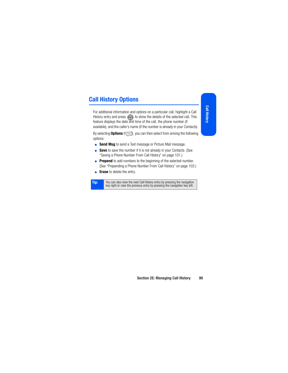 Call history options | Samsung SPH-M520ZSAQST User Manual | Page 125 / 287