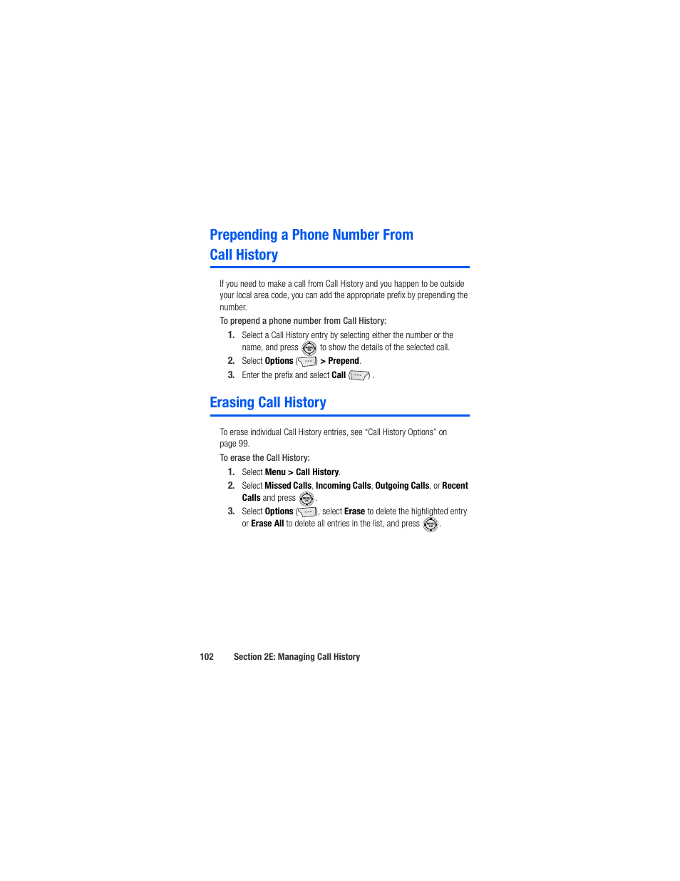 Prepending a phone number from call history, Erasing call history | Samsung SPH-M520ZSAQST User Manual | Page 128 / 287