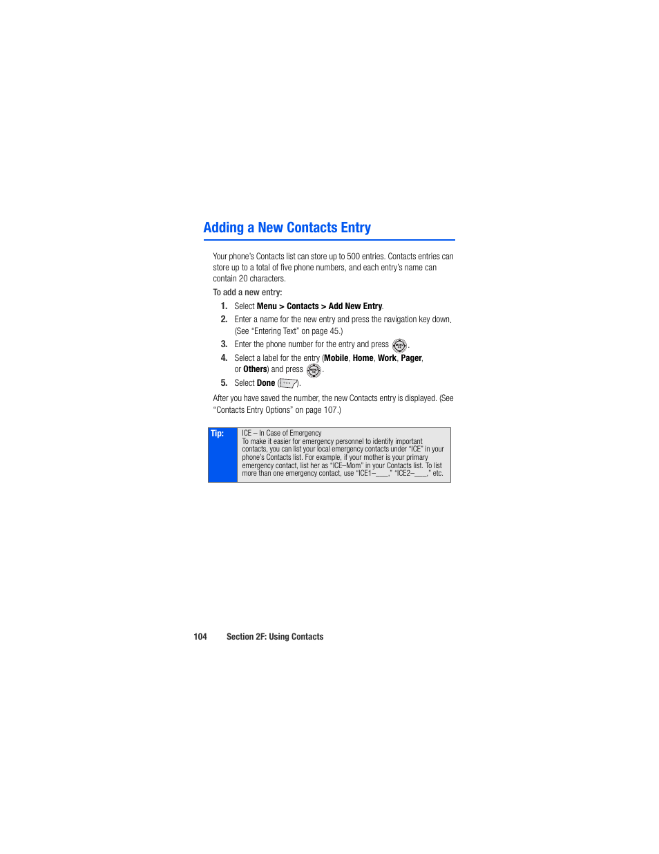Adding a new contacts entry | Samsung SPH-M520ZSAQST User Manual | Page 130 / 287