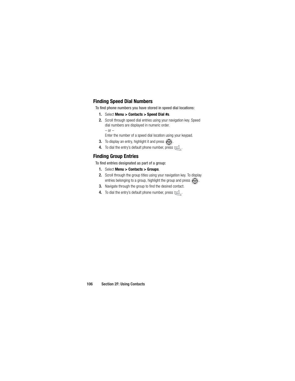 Finding speed dial numbers, Finding group entries | Samsung SPH-M520ZSAQST User Manual | Page 132 / 287