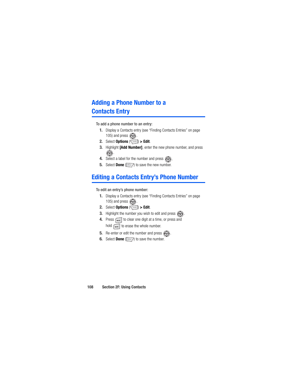Adding a phone number to a contacts entry, Editing a contacts entry’s phone number | Samsung SPH-M520ZSAQST User Manual | Page 134 / 287